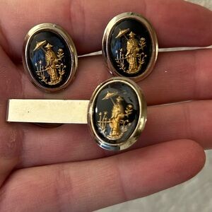 Parkway Damascene cuff links and tie clip- vintage